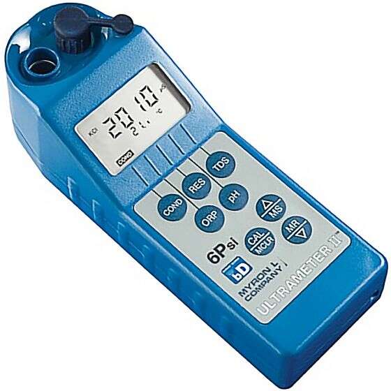 Professional 6-parameter water testing meter showing TDS, RES, COND, pH, ORP, and other measurements — used by Clear Solution Services for free water analysis in Conroe and Montgomery, Walker, Grimes and Houston Counties TX