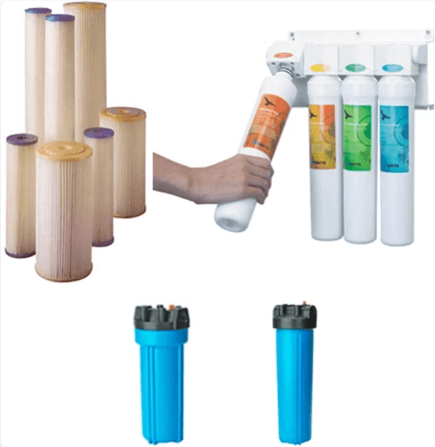 Water filter products including pleated sediment cartridges, a 3-stage wall-mount system and Big Blue filter housings