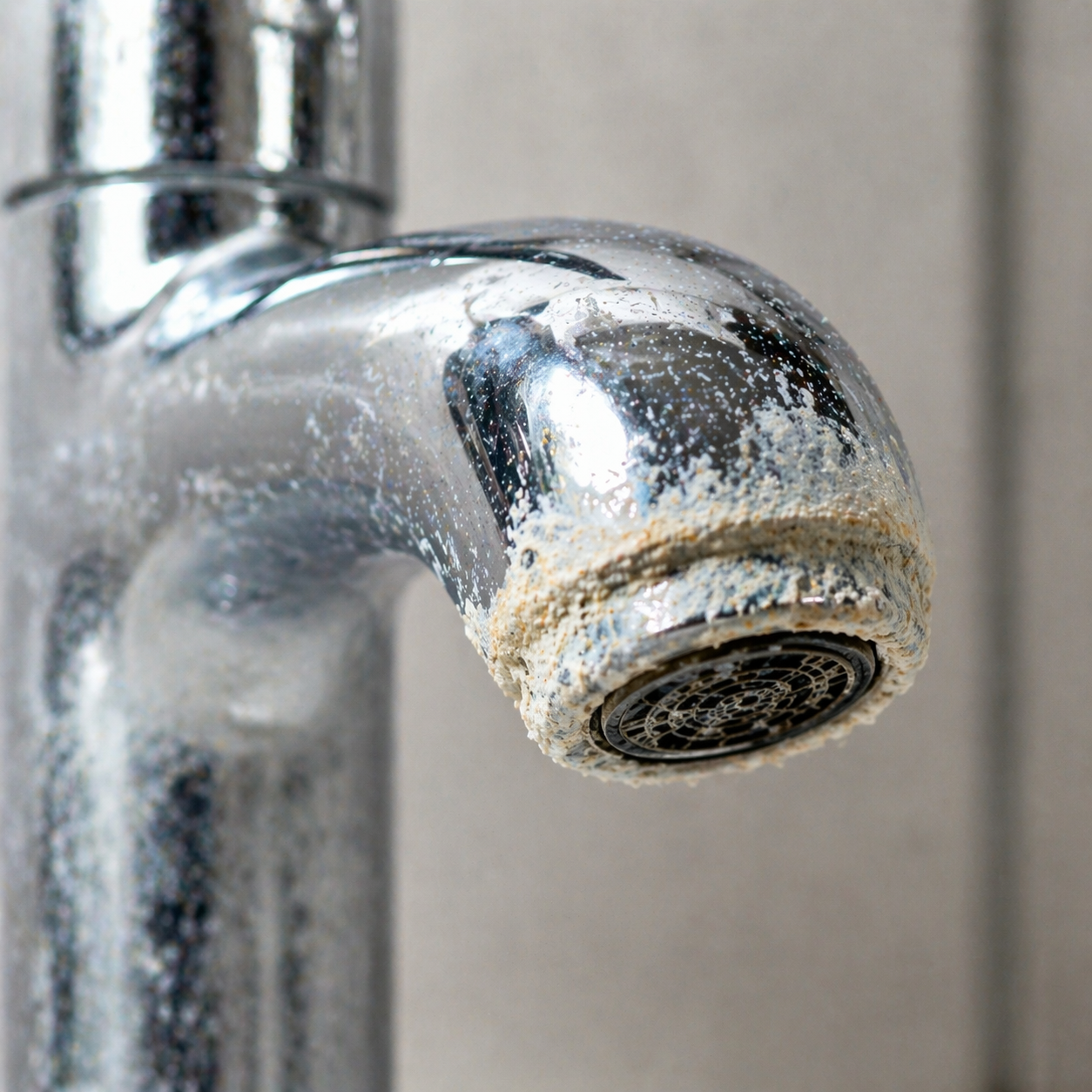 Chrome faucet aerator heavily encrusted with white calcium and limescale deposits — visible hard water damage in a Southeast Texas home, treated with a water softener by Clear Solution Services