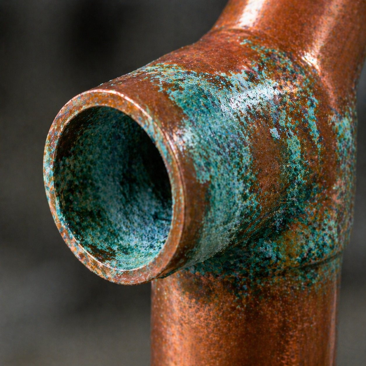 Copper pipe T-fitting with heavy blue-green verdigris corrosion caused by acidic low-pH water — a sign of pipe damage requiring a calcite pH neutralizer from Clear Solution Services in Conroe TX