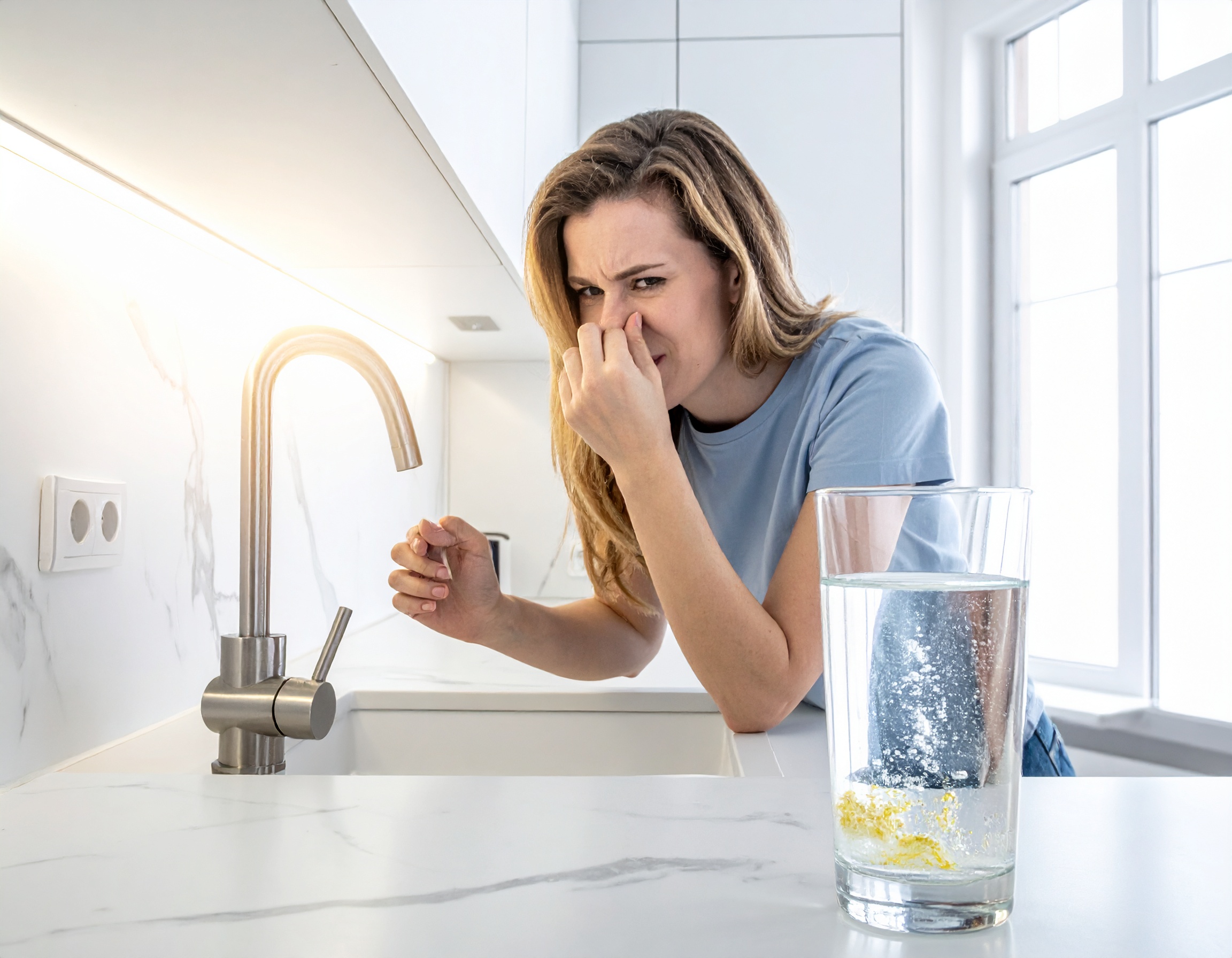 Homeowner reacting to bad-smelling tap water — sulfur odor, iron, and hard water are common water quality issues in Southeast Texas homes treated by Clear Solution Services
